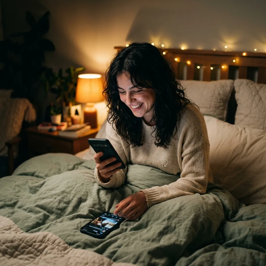 Femme souriante recevant un message coquin sur son téléphone